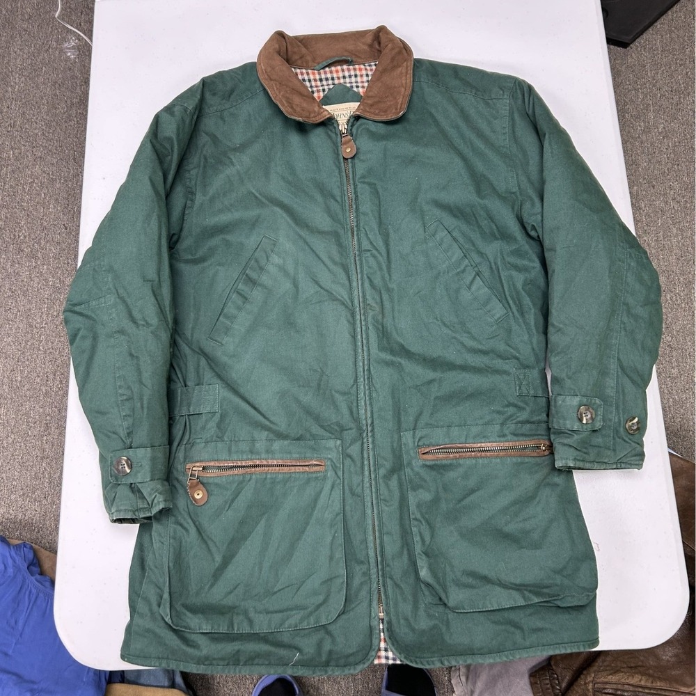 St Johns Bay Field Jacket Mens Small Green Plaid Lined Corduroy Collar Barn Coat